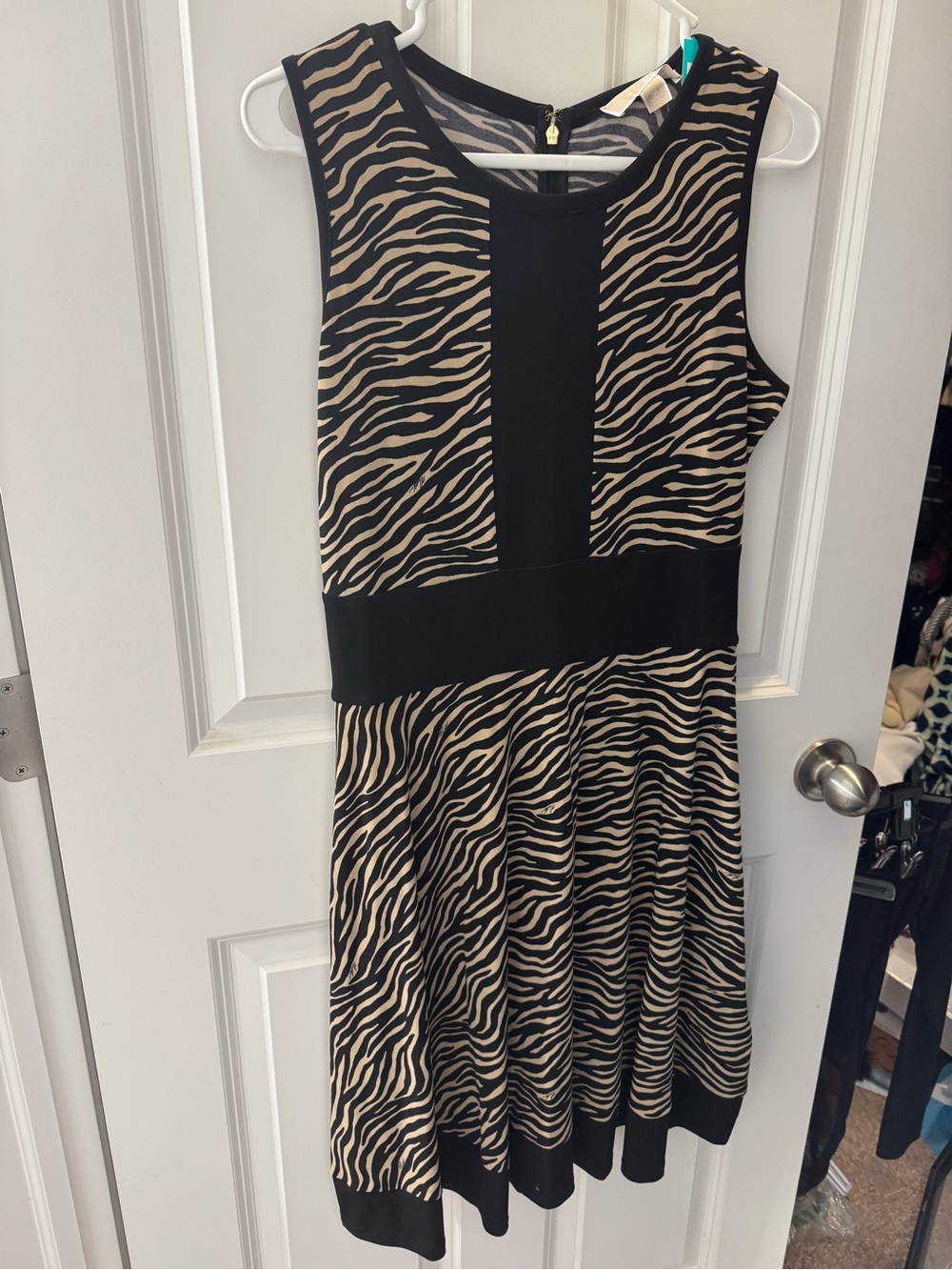 MICHAEL Michael Kors Black and Beige Zebra-Print Fit & Flare Dress